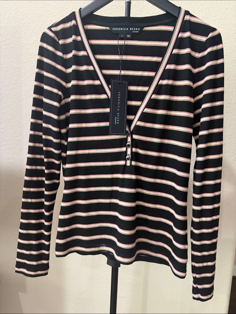 Veronica Beard Shailee Henley Black Striped Long-Sleeve V-Neck Top